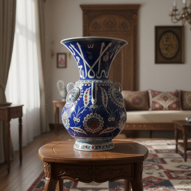 Handmade Ceramic Kandil Vase (50cm) Cobalt Blue Calligraphy Triple Handled Form For Sale - Image 9 of 11