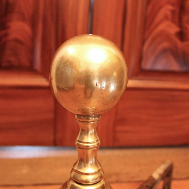 Metal Pair of Antique American Cannon Ball Top Brass Andirons For Sale - Image 7 of 12
