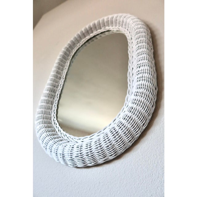 Boho Chic Vintage White Wicker Oval Wall Mirror For Sale - Image 3 of 8
