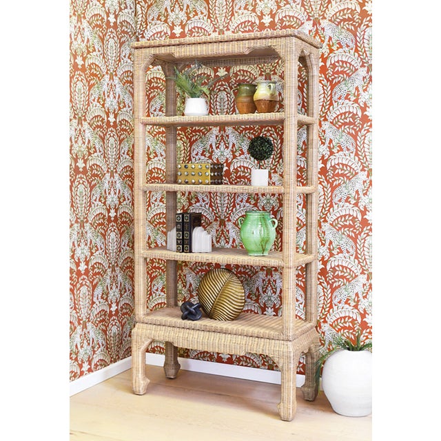 New special order item. Not vintage. The Cavalier woven rattan etagere is inspired by the style of the Chinese Ming...