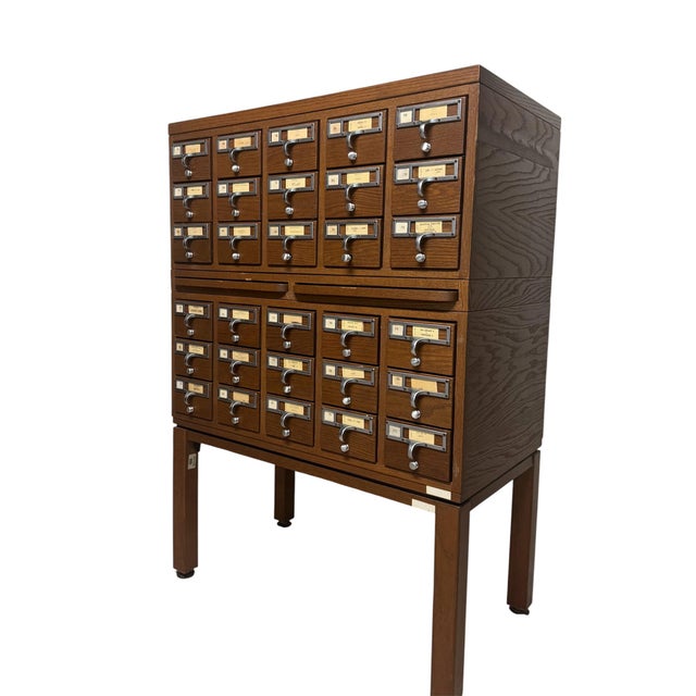 Transitional Vintage Worden 30-Drawer Library Card Catalog Cabinet on Stand Oak Dewey Decimal Storage For Sale - Image 3 of 9