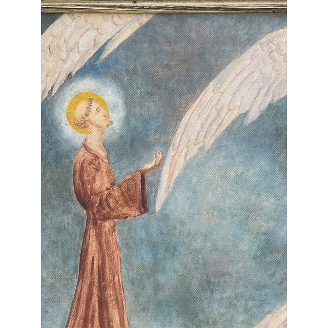 Charming modernist depiction of St, Fncis of Assisi surrounded by angel wings in the original picked chestnut wood frame....