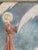 Charming modernist depiction of St, Fncis of Assisi surrounded by angel wings in the original picked chestnut wood frame....