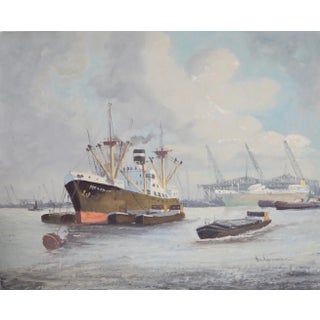 Ships in Harbor 16, M. Headermann Oil on Canvas, Signed and Dated Verso For Sale