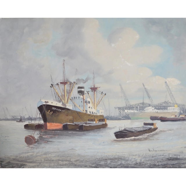 Ships in Harbor 16, M. Headermann Oil on Canvas, Signed and Dated Verso For Sale