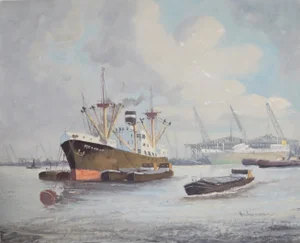 Ships in Harbor 16, M. Headermann Oil on Canvas, Signed and Dated Verso