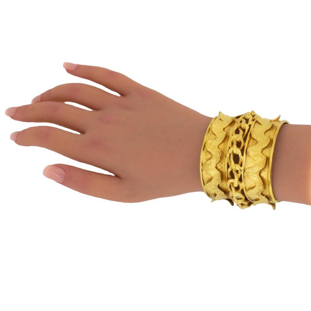 Metal Mercedes Robirosa Gilded Cuff Bracelet With Carving For Sale - Image 7 of 8