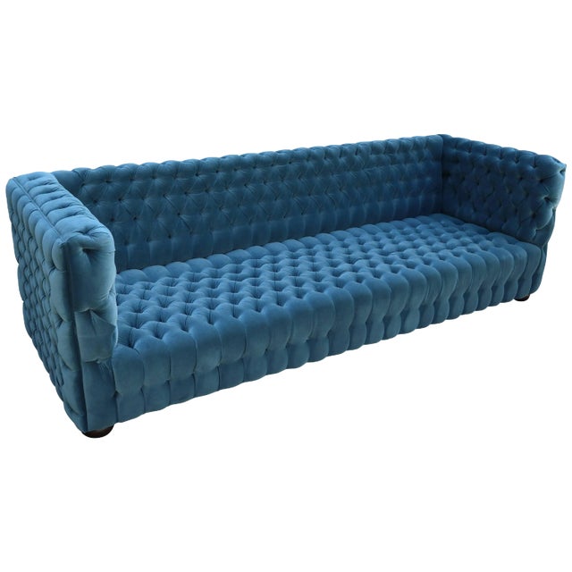 Custom Capitone "Carmen" Tufted Blue Green Velvet Sofa For Sale