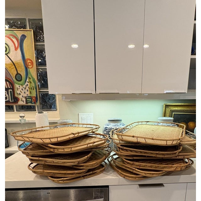Henry Link Vintage Bamboo Rattan Woven Serving Trays Made in Taiwan – A Set of 15 For Sale - Image 4 of 16