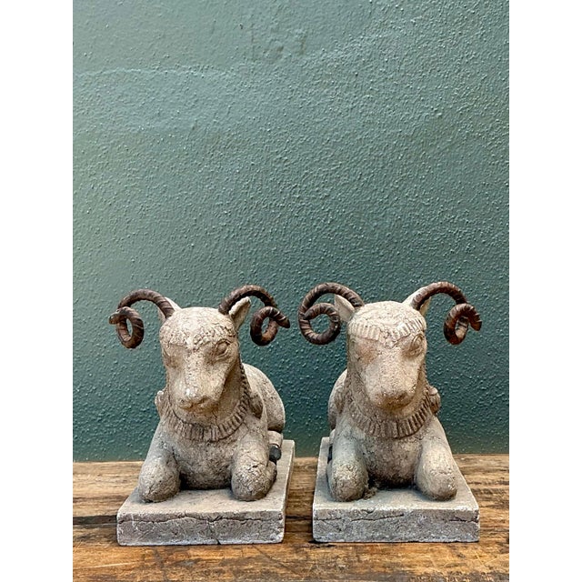Vintage Plaster and Metal Ram Sculptures - Pair For Sale In West Palm - Image 6 of 12
