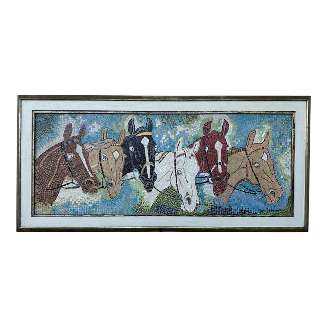 Rare Tracy S Brown 1958 Mid Century Mosaic Ceramic Tile Horses Wall Art Panel Framed For Sale