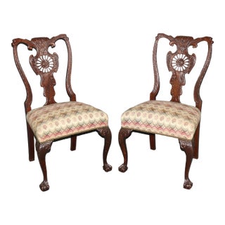 Pair Reticulated Carved Walnut Georgian Style Ball and Claw Foot Side Chairs For Sale