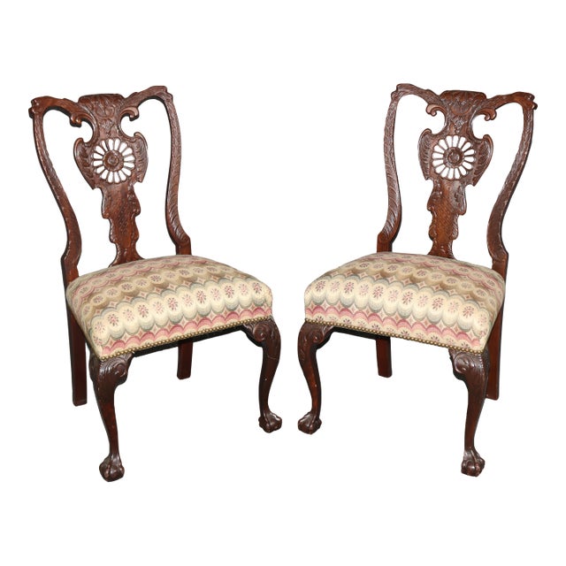 Pair Reticulated Carved Walnut Georgian Style Ball and Claw Foot Side Chairs For Sale