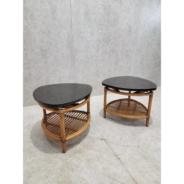 Vintage Paul Frankl Style Floating Granite Guitar-Key Shaped Coastal Rattan Side Tables - Pair Gorgeous vintage set of...
