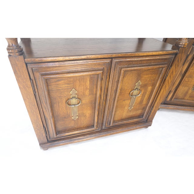 Pair of Solid Oak Spanish Colonial Etageres Shelves w/ Storage Cabinets & Finial For Sale - Image 9 of 17