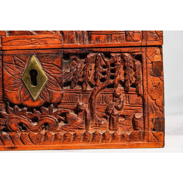 19th Century Hand Carved Village Scene Box Antique Chinese Wood Box 19th Century Decorative Chinoiserie Asian Oriental Home Decor For Sale - Image 5 of 13