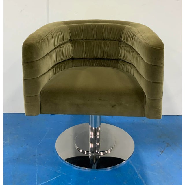 Stylish Modern Olive Green Velvet Barrel Back Lounge Chair, chrome finished metal base, showroom floor sample