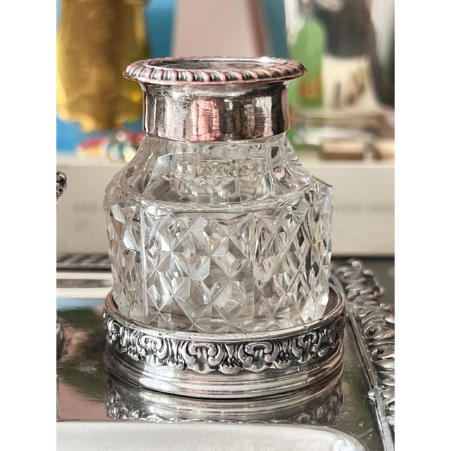 1930s Set of 4, Antique silverplate inkwell stand with crystal diamond cut inkwells // pen and ink // desk accessory // silver on copper For Sale - Image 5 of 15