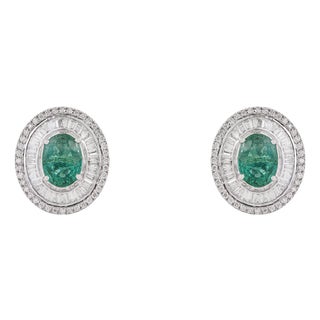 Vintage 2.51ct Emerald & Channel Set Diamond Oval 14k Gold Stud Earrings- 2 Pieces For Sale
