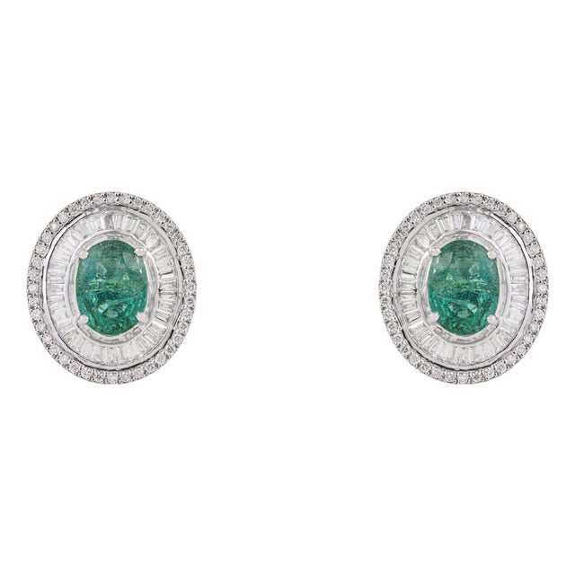 Vintage 2.51ct Emerald & Channel Set Diamond Oval 14k Gold Stud Earrings- 2 Pieces For Sale