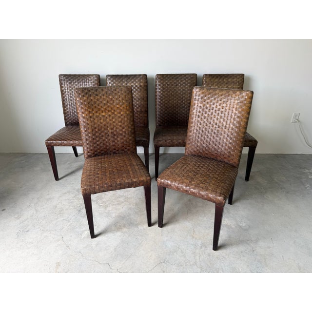Postmodern 1980’s Italian Woven Leather Dining Chairs by Stone International – Set of 6 For Sale - Image 3 of 12
