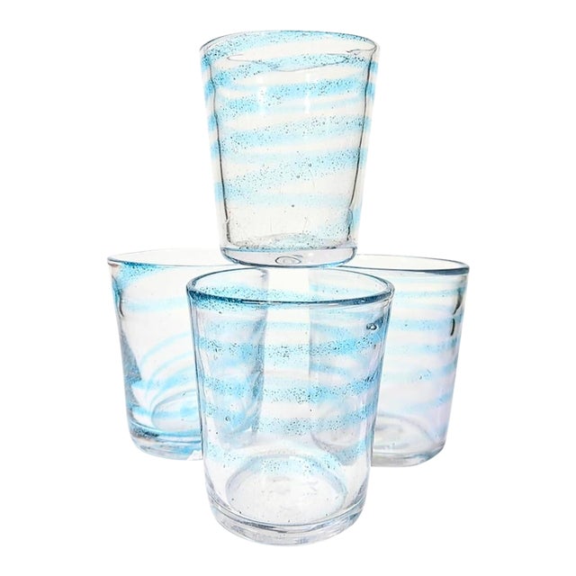 Baby Blue Bubbled Swirl Lowballs- Set of Four For Sale