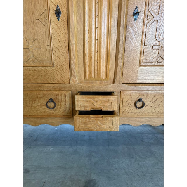 1970s 1970s Danish Oak Brutalist Carved Front Sideboard Attrb Henning Kjaernulf For Sale - Image 5 of 12