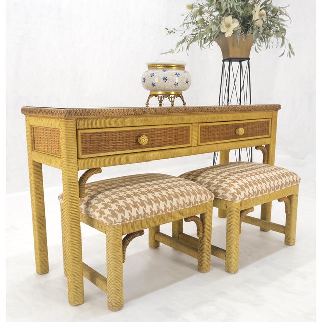 Mid-Century Modern Mid Century Modern Wicker Glass Top Consoel Table w/ Pair of Matching Benches For Sale - Image 3 of 18