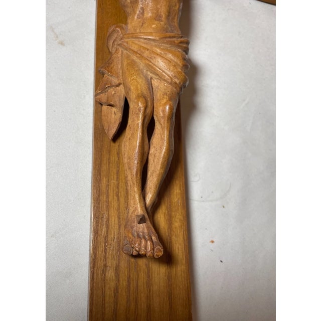 1930s Antique Hand Carved Wood Religious Jesus Christ Crucifix Cross Sculpture God For Sale - Image 5 of 14