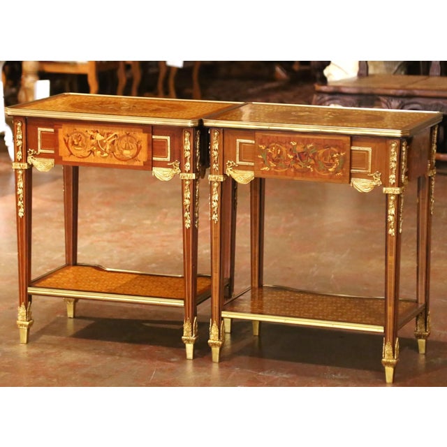 Near Pair of Mid-Century French Louis XVI Ormolu Marquetry Side Tables For Sale - Image 17 of 17