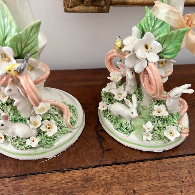 Charming 1980s Hand Crafted English Pottery Rabbit and Bird Candlestick Holders With Ribbon Detail - Set of 3 For Sale - Image 9 of 12