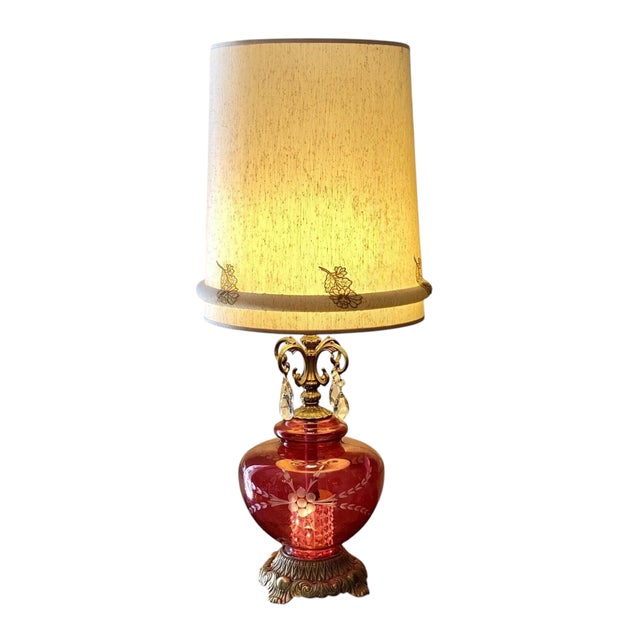 ViNTaGe Hollywood Regency Cut Ruby Glass & Crystal Prism Globe Table Lamp Light up base Approx. 37" tall Very good...