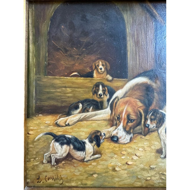 Realism Antique Oil Painting on Board Hound Dog With Puppies For Sale - Image 3 of 12