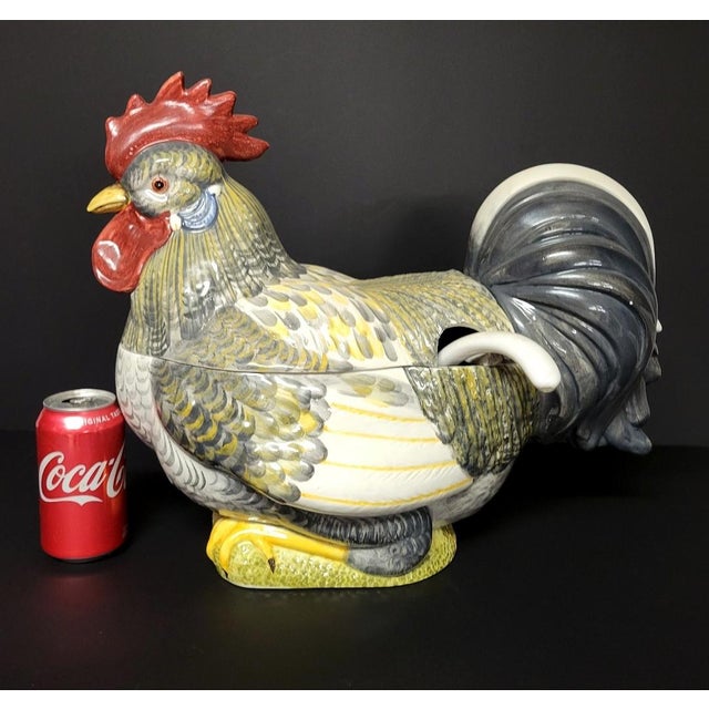 Figurative 1970s Italian Majolica Hand-Painted Rooster Soup Tureen With Ladle – Large 18" For Sale - Image 3 of 12