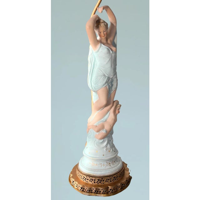 Antique Dresden Style Figural Bisque Goddess Venus With Her Son Cupid Table Lamp For Sale - Image 16 of 18