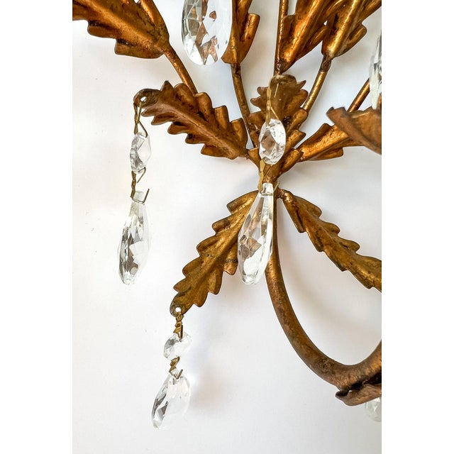 Mid 20th Century Mid Century Italian Gold Gilt Tole & Crystal Wall Sconces — Hollywood Regency / Italian Florentine Style For Sale - Image 5 of 11