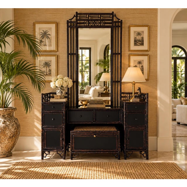 Beautiful vintage Chinoiserie-style bamboo vanity dressing table set featuring a striking black lacquered finish with...