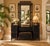 Beautiful vintage Chinoiserie-style bamboo vanity dressing table set featuring a striking black lacquered finish with...