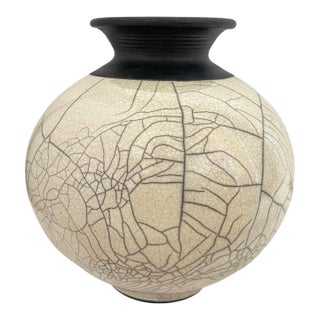Vintage Studio Pottery Raku Vase Signed Crackle Glaze Black White 9” For Sale