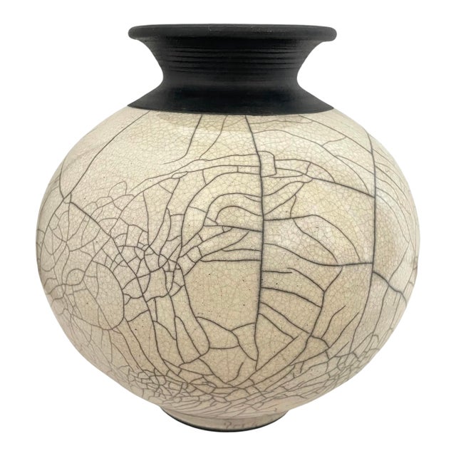 Vintage Studio Pottery Raku Vase Signed Crackle Glaze Black White 9” For Sale