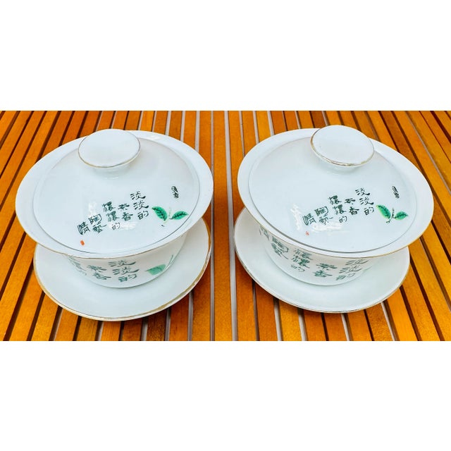 Chinese Vintage Ceramic Chinese Gaiwan With Lid a Saucer a Set of 2 For Sale - Image 3 of 13