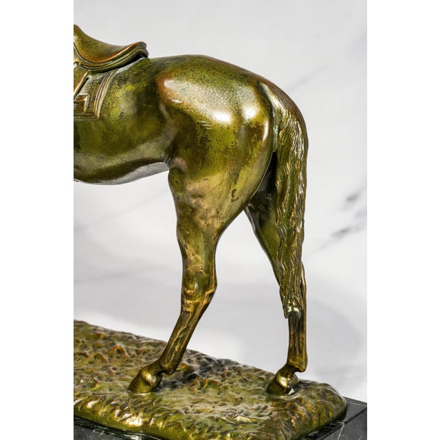 Stately Large Equestrian Antique Saddled Horse Statue Sculpture Cast Metal Marble Base Country Home Decor For Sale - Image 12 of 16