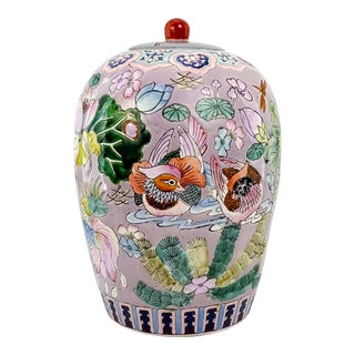Large Vintage Qing Style Lavender Chinese Porcelain Ginger Jar - Hand Painting of Lotus Flowers Tobacco Leaf Koi Fish Goldfish and Ducks - Signed For Sale