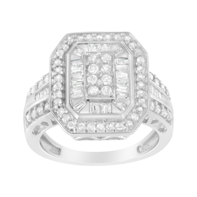 Fans of the Art Deco style will love this diamond cluster ring. The piece features 3/4 carat of baguette and round cut...