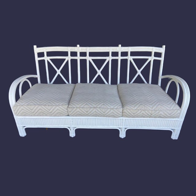 McGuire Style Vintage Rattan Six Piece Patio Set Sofa, Chair, Rocker, Coffee Table, Two Side Tables in Excellent Condition For Sale In Savannah - Image 6 of 12