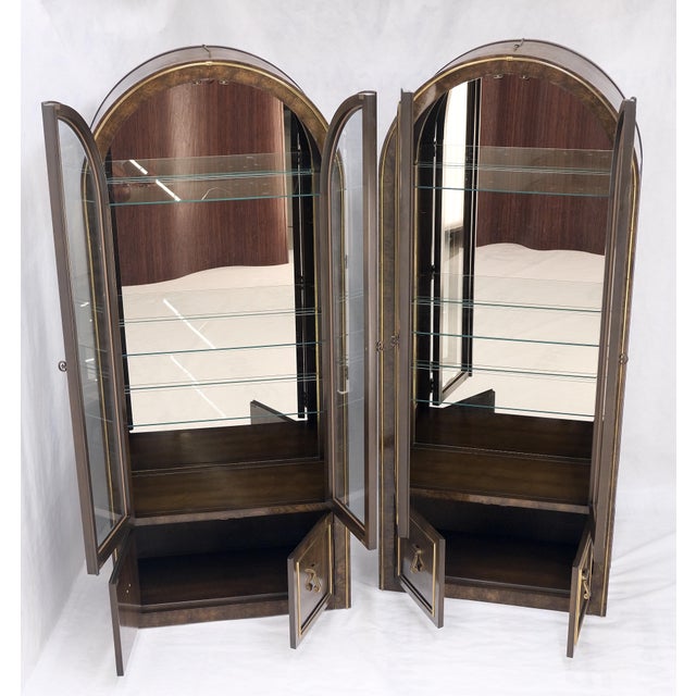 Pair Mastercraft Dome Shape Burl Wood Curio Display Cabinets w Shelves Lights For Sale - Image 11 of 18
