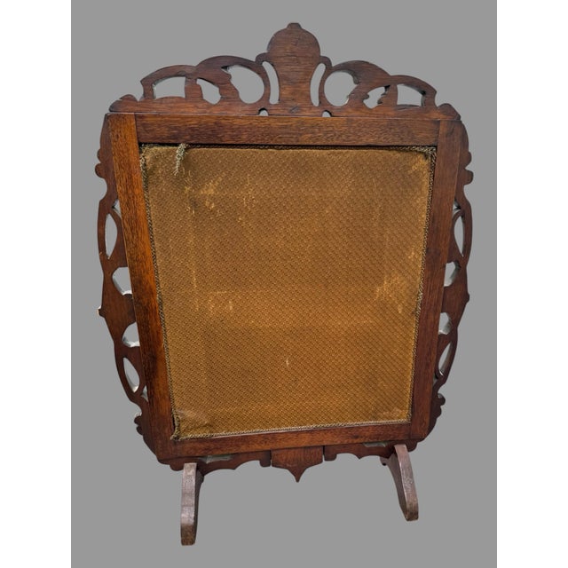 Antique Victorian Carved Walnut Firescreen With Floral Beaded Needlework Panel For Sale - Image 4 of 12