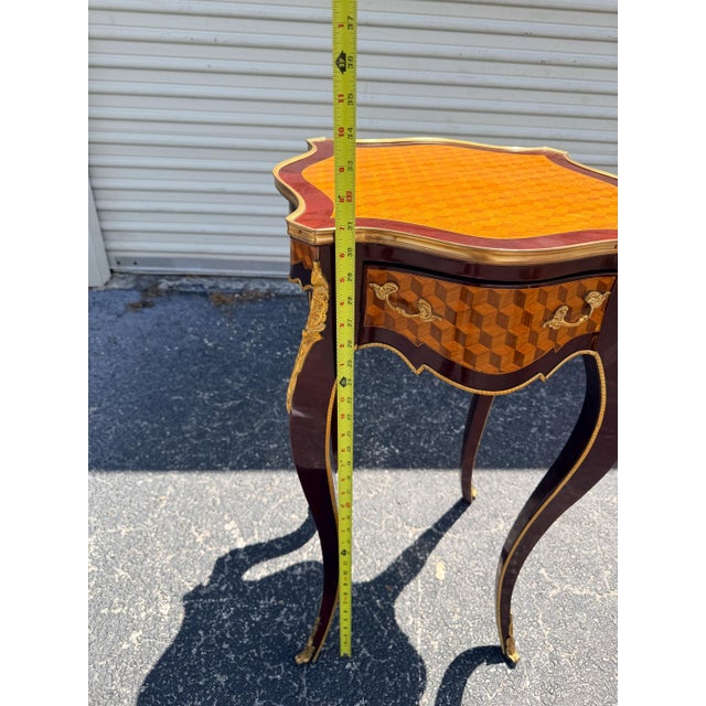 White Louis XV Marquetry Side Table, Gilt Bronze Accents, Cabriole Legs Accent Table For Sale - Image 8 of 9
