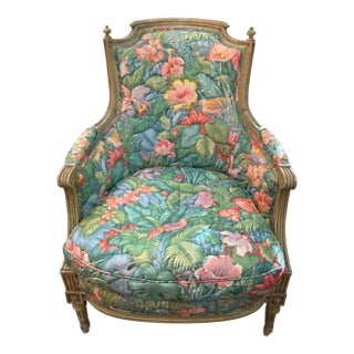 19th Century Louis XVI Painted Bergere With Palm Beach Fabric For Sale