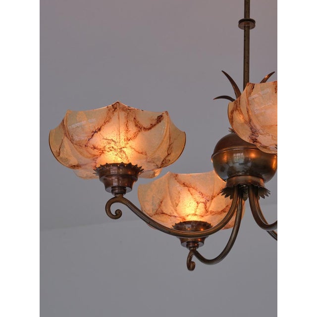 Metal Vintage Swedish Hanging Light in Brass and Marbled Glass, 1927 For Sale - Image 7 of 18